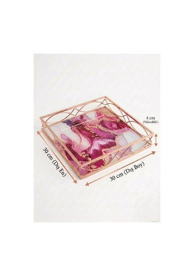 30 Cm Dekoratif Lüks Tepsi - Mermer Desenli Rose Gold Metal Organizer, Söz Nişan Tepsisi, Sunum Tepsisi - 882938737 Diğer