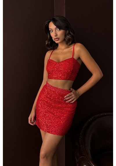 Verymoda Payetli Mini Etek - Şık Gece Ve Parti Modası F1980 Kırmızı