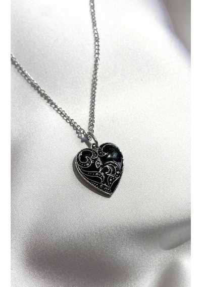 Gotik Gothic Desenli Kalp Siyah Kolye Siyah