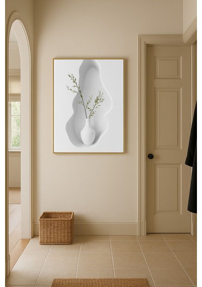 Stillness Beyaz 01 - Gerçek Cama Baskı Gold Alüminyum Metal Çerçeveli Tekli Modern Çiçekli Tablo