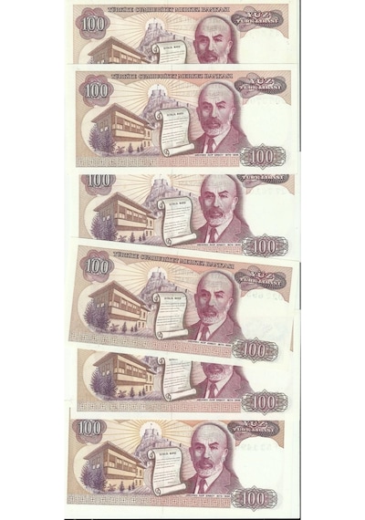 7. Ems A/b/c/d/e/f Serisi 6 Adet 100 Lira Çil