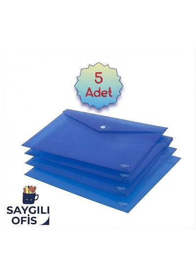 Saygılıofis Mavi A4 Çıtçıtlı Dosya Şeffaf Renkli Zarf Dosya 5 Adet 20x30 Cm Çıt Çıtlı Dosya