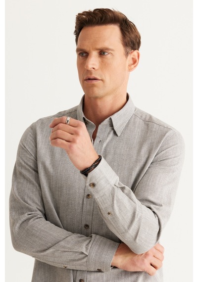 AC&Co / Altınyıldız Classics Erkek Hakı Slim Fit Dar Kesim Gizli Düğmeli Yaka Pamuklu Armürlü Gömlek Haki