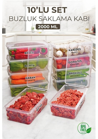 Kitchen Life 10 Adet 2000 ML Kapaklı Derin Dondurucu Difriz Saklama Kabı -  Buzdolabı Düzenleyici Buzluk Erzak Kabı Şeffaf