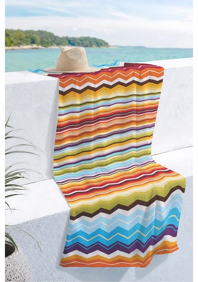 Renkli Geometrik Zigzag Çizgili Plaj Havlusu - Modern Turuncu Mavi Hızlı Kuruyan Mikrofiber Havlu Puslu Şafak