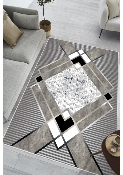 Geometrik Desenli Makinede Yıkanabilir Kaymaz Taban Oturma Odası Salon Halı Koridor Halı Gri - Çerçeve Gri