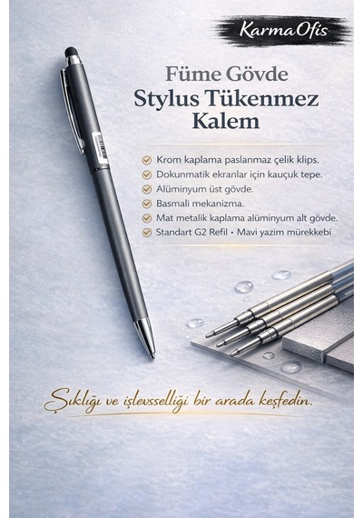 Stylus Tükenmez Kalem Füme Gövde Dokunmatik Uyumlu Premium Metal Kalem Füme
