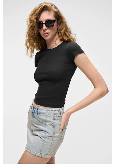 Grimelange HOPEWELL Kadın Yuvarlak Yaka Örme Slim Fit Siyah T-Shirt
