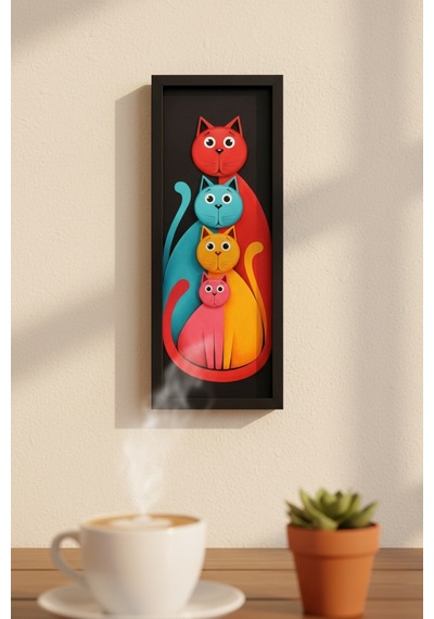 Modern Renkli Kedi Tablosu 25x60 Cm Çerçeveli Minimal Duvar Dekoru