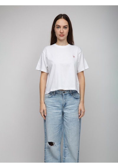 Guess Kadın Boxy Mini Üçgen Logolu T-shirt Beyaz