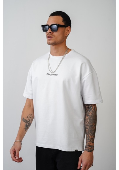 King-Brich Oversize Kalıp Pablo Escobar İs Calling Baskılı Unisex Tişört Beyaz