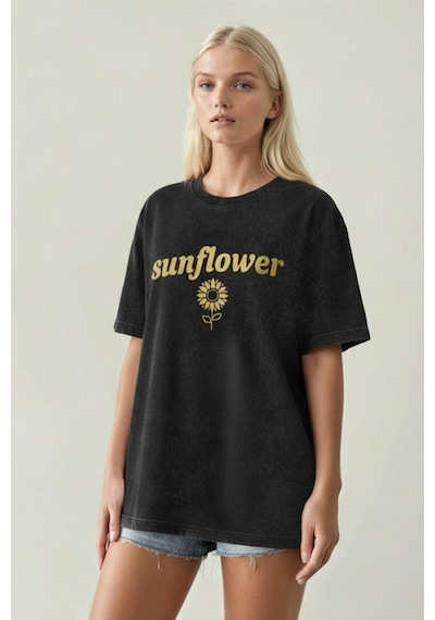 Technomonkey Sunflower Baskılı Yıkamalı Retro Unisex Tişört Siyah