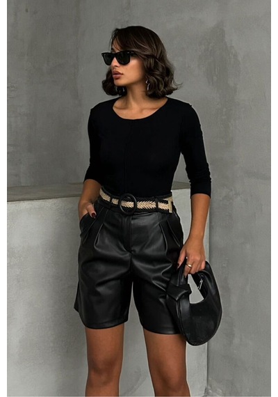 Verymoda Kemerli Deri Şort F1497 Siyah