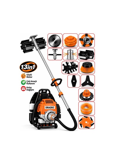 Dragro Drg-13 Premium 13 Parça T Sırt Tipi Motorlu Tırpan Çift Çapa Bahçe Seti