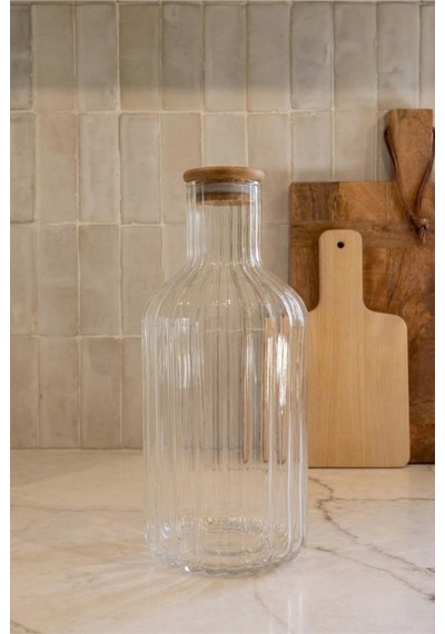 1350 Ml Cam Şişe Ahşap Kapaklı Cam Sürahi Çizgili Borosilikat Cam Şişe Şeffaf Cam Su Şişesi Mutfak İçecek Şişesi 11x25 Cm Şeffaf