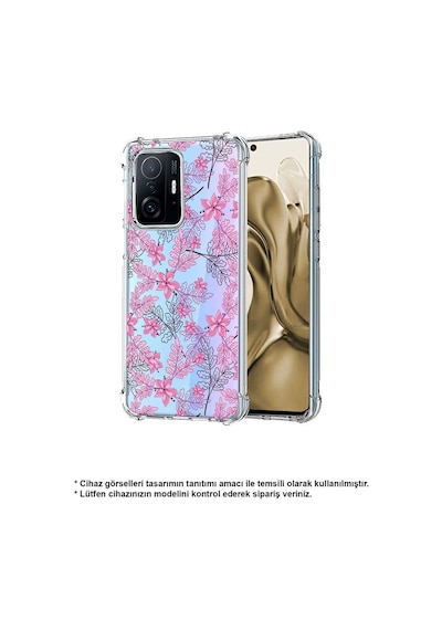 Oppo A94 Uyumlu Köşe Korumalı Floral Pembe Tasarımlı Şeffaf Silikon Kılıf