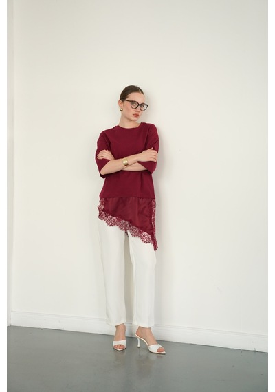 Verymoda Dantel Ve Saten Detaylı Asimetrik Tişört D2942 Bordo