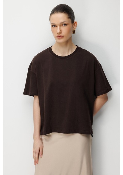 Mixray 48522 Kadın Yırtmaçlı Oversize Basic %100 Pamuk 2 Li T-shirt Kahve Siyah Kahve Siyah