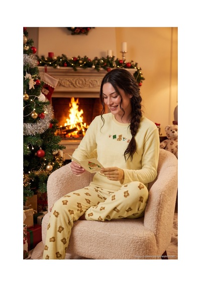 Lela Desenli Yumuşak Dokulu Uzun Kollu Pijama Takımı Kadın Pijama Takımı 6575016 Sarı sari