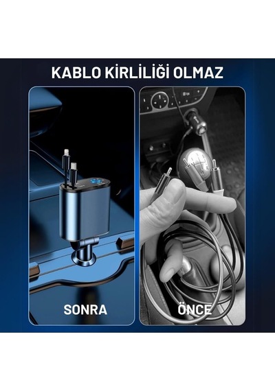 Embatech 66w Dahili Çekilebilir Kablolu Type-c + Lightning Hızlı Araç Çakmaklık Şarj Aleti