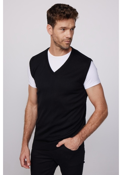 Tudors Slim Fit Dar Kesim V Yaka Kendinden Desenli Siyah Erkek Süveter-28636-siyah