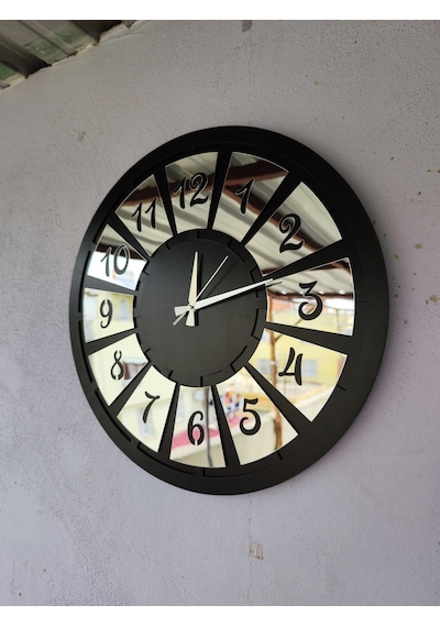 AA Shop Siyah Renk Gümüş Sayılı Hediyelik Ahşap Dekoratif Farklı Desenli Ev Hediyelik Duvar Saati 50cm