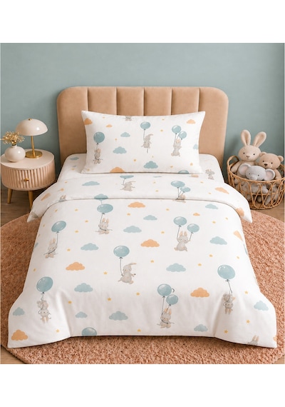 More Home Müslin Bebek Nevresim Takımı %100 Pamuk Mavi Balonlu Tavşanlı