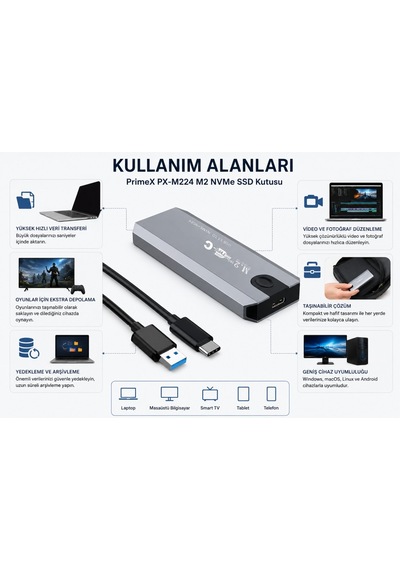Primex Px-m224 M2 Nvme Ssd Kutusu, Typec-usb3.1/3.2 Nvme Ssd Kutusu, Harici Usb-c Pcıe Nvme M.2 Ssd Hdd Kutusu, Alüminyum Harici Ssd Kutu