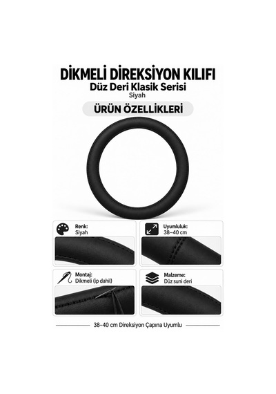 Trobus Renault Kangoo 2024 Ve Sonrası Uyumlu Dikmeli Direksiyon Kılıfı Düz Deri Klasik Siyah