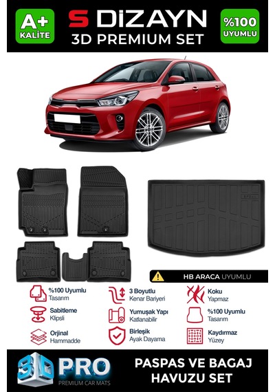 S-dizayn Kia Rio 3d Pro Havuzlu Paspas Ve Bagaj Havuzu Seti 2'li Set 2017-2023 A+ Kalite