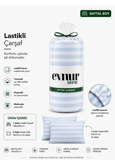 Evnur Home Çizgili Lastikli Çarşaf Seti Battal Boy Mavi
