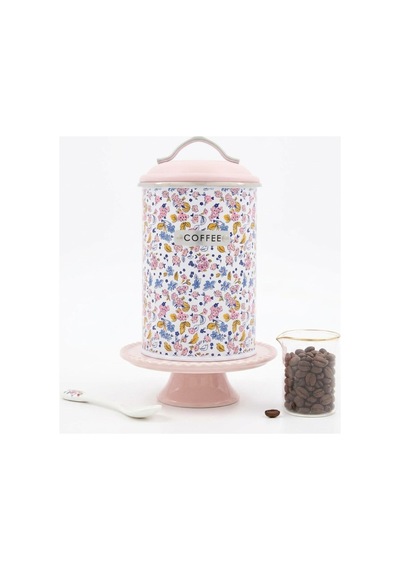 Çiçek Desenli Metal Kahve Saklama Kutusu - Pembe Kapaklı Vintage Coffee Kavanozu 19x10