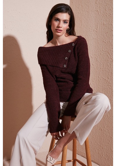 Lela Premium Regular Fit Kayık Yaka Düğme Detaylı Bayan Kazak 680Kz002563 Bordo