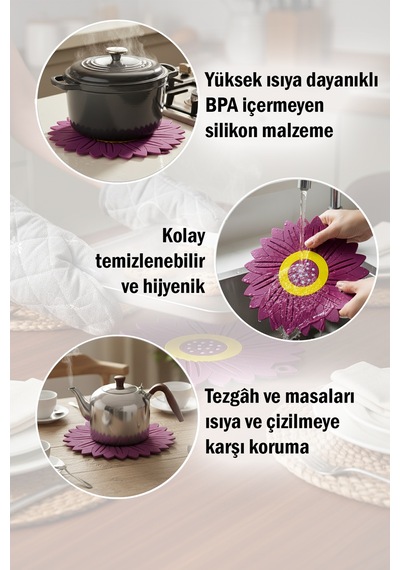 Ayçiçeği Model Kaymaz Silikon Nihale Tencere, Tava, Çaydanlık Ve Servis Altlığı 18,5 X 18,5 Cm Diğer