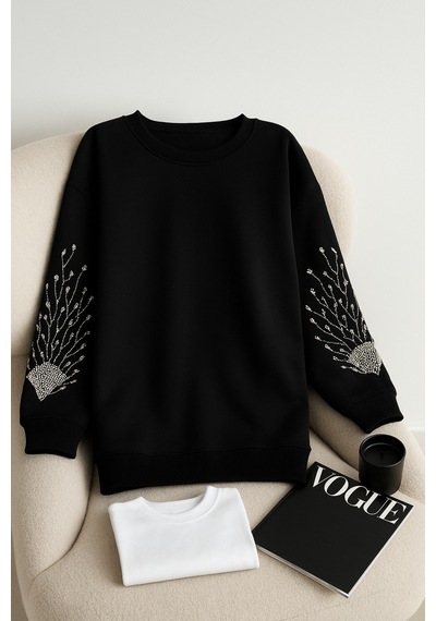 Femelle Siyah Kolları Boncuk Ve Taş İşlemeli %100 Pamuk Sweatshirt - Svt15