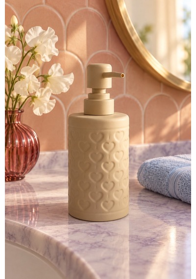 Rosıe Kum Beji Kabartma Kalp Desenli Yuvarlak Seramik Sıvı Sabunluk 350 Ml Karışık