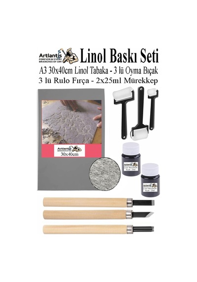 Linol Baskı Seti 1 Paket A3 30x40 Cm Linolyum Tabaka Gri Linol Oyma Seti 3 Bıçaklı Rulo Fırça Mürekkep Linol Baskı Seti Siyah