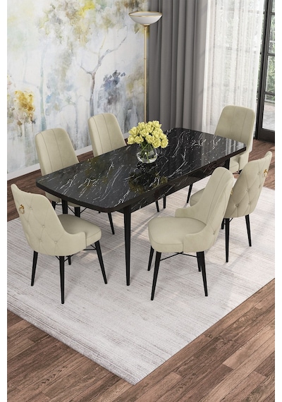 Mona Siyah Mermer Desen 80x132 Açılabilir Mdf Masa Yemek Odası Takımı, Mutfak Takımı 6 Adet Sandalye Siyah Mermer - 6 Krem - Siyah Ayak Mona Siyah Mermer Desen 80x132 Açılabilir Mdf Masa Yemek Odası Takımı, Mutfak Takımı 6 Adet Sandalye Siyah Mermer - 6 Krem - Siyah Ayak