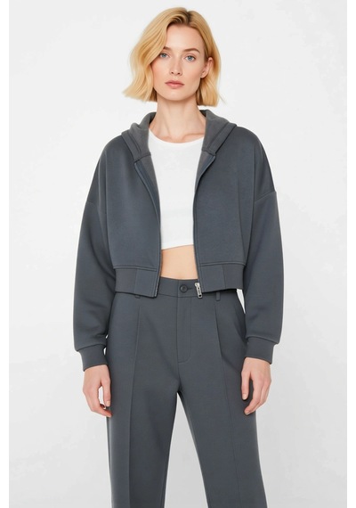 Benerly Kadın Kapüşonlu Fermuarlı Düşük Kol Örme Sweatshirt Fonksiyonel D Antrasit