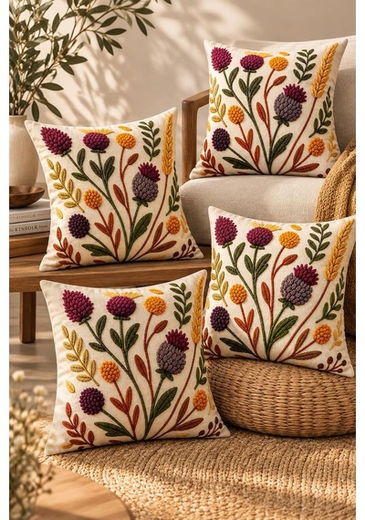 4'lü Set Çiçekli Dekoratif Kırlent Kılıfı 43x43 Cm, 3d Efektli Dijital Baskılı - Sonbahar Kırları Diğer