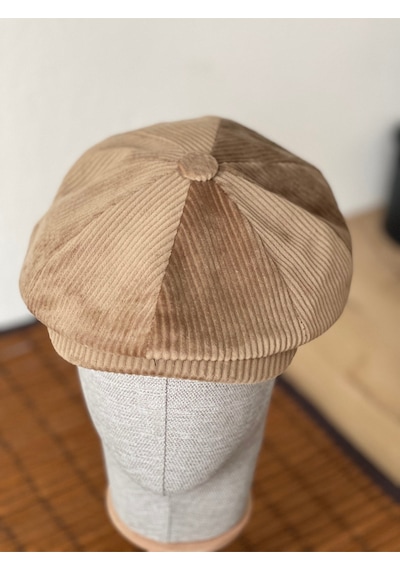 Aida Jewelss Kışlık Kadife Ingiliz Kasket Peaky Blinders Model Erkek Kasket Dökümlü Kadife Kasket Bej