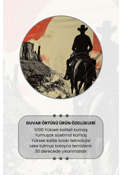Kovboy Ve Gün Batımı Desenli Duvar Halısı Duvar Örtüsü Tapestry Süet Dokulu Kumaş