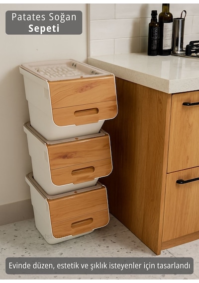 3 Lü Tekerlekli Sebzelik Patates Soğan Sepeti Soğanlık Organizer Kutu Bambu Beyaz Desen 36 Lt Bambu-beyaz