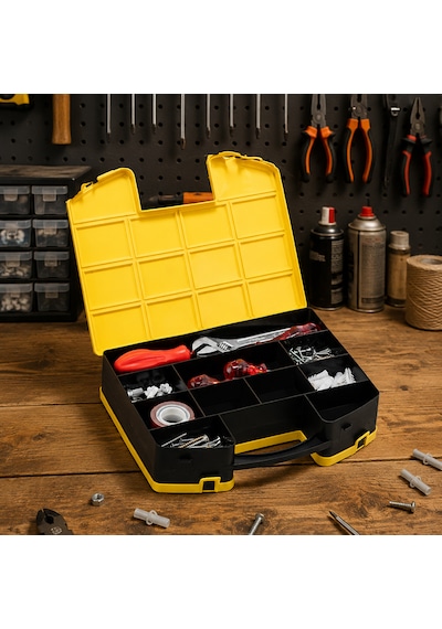 Porsima L-00560 Combo Takım Çantası Çift Taraflı Çok Bölmeli Organizer - Balıkçı Terzi Dişçi Pastane Organizer Kutu Sarı - Siyah