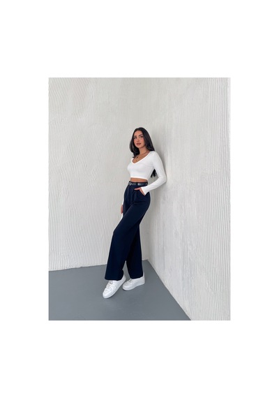Winmoda34 Kadın Çift Pileli Esnek Kemer Detaylı Palazzo Kumaş Pantolon Lacivert