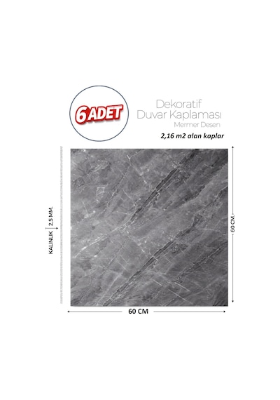 60x60 Cm Kendinden Yapışkanlı Duvar,banyo,tezgah Arası Antrasit Mermer-6 Adet 8807-60-6