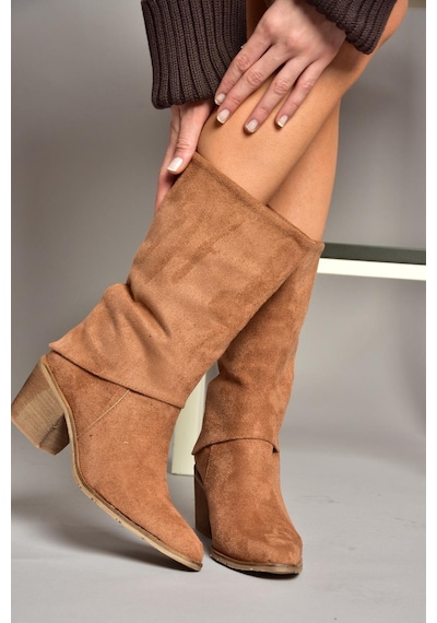 Fox Shoes T936042502 Taba Kalın Alçak Topuklu Kadın Bot Taba-Süet Taba