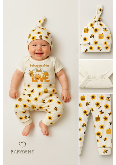Babyden's 3 Lü Yenidoğan Takım Babaannesinin Balı Baskı Kısa Kol Body Arı Çiçek Desenli Ribana Pantolon Bere Ekru