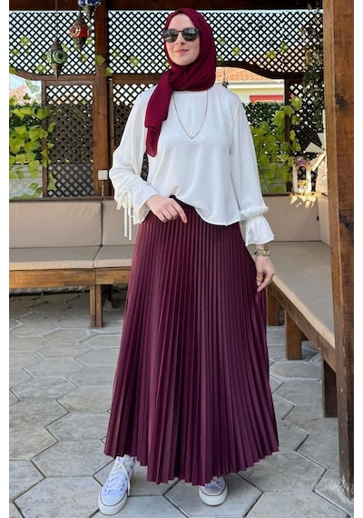 Rabia Şamlı Eliz Bordo Plise Etek Normal