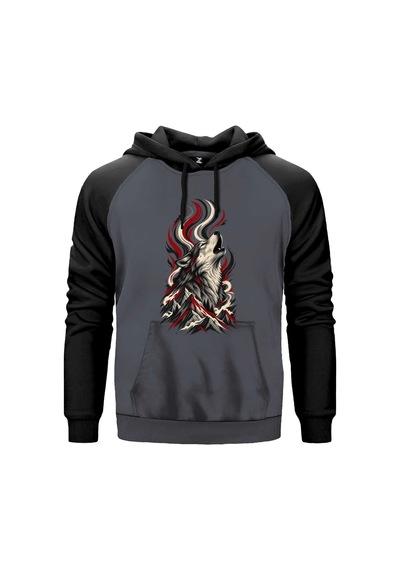 Dağlara Uluyan Bozkurt Gri Renk Reglan Kol Sweatshirt Kapşonlu